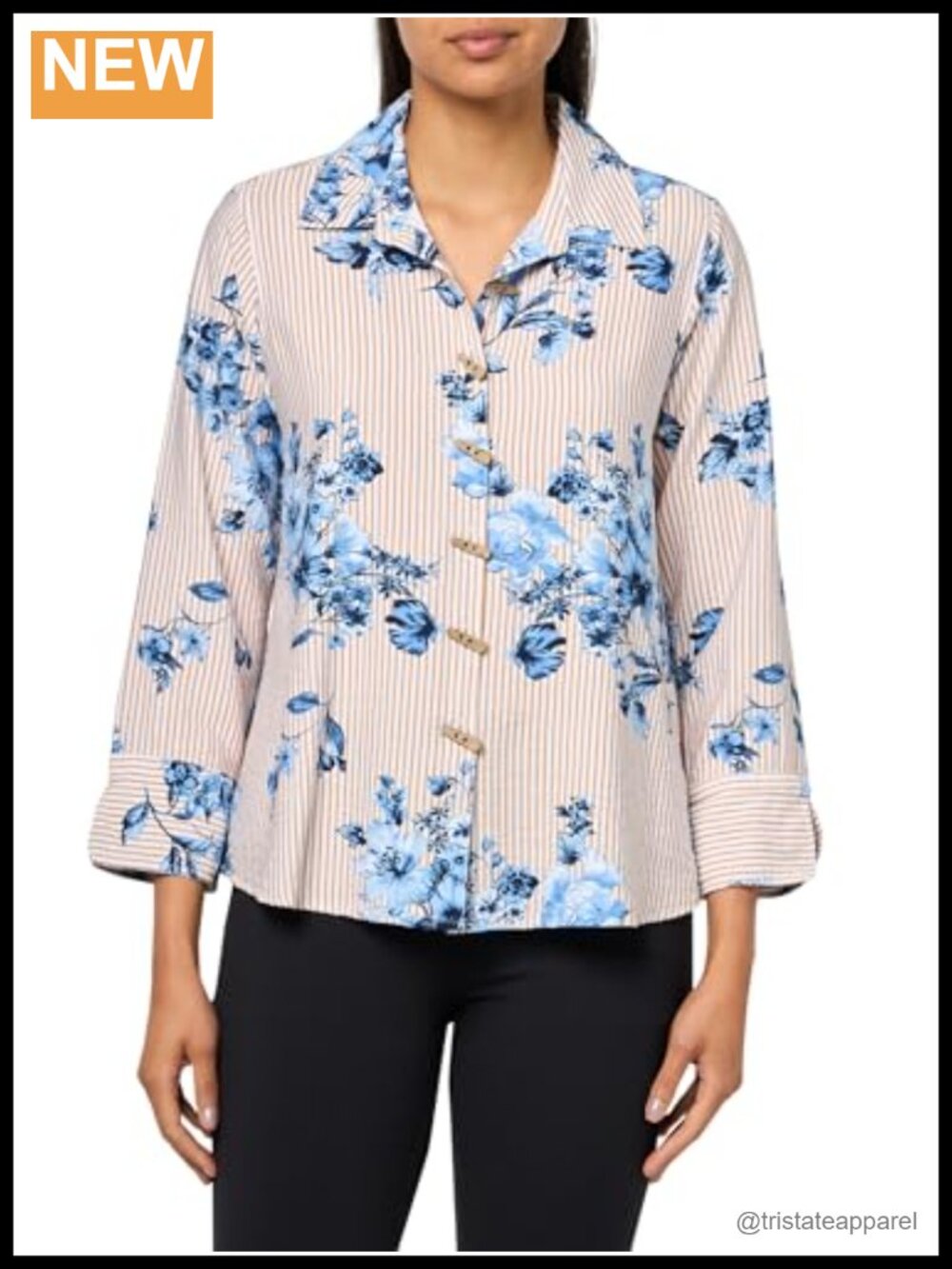 Floral Print Rayon & Nylon 3/4 Sleeve Button Up Blouse with Cuffs